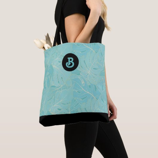Tote Bag Monogramme Feuille de Palm bleu clair et or (De près)