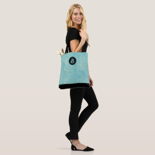 Tote Bag Monogramme Feuille de Palm bleu clair et or