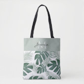 Tote Bag Monogramme feuille tropicale vert sauge moderne (Devant)