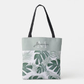 Tote Bag Monogramme feuille tropicale vert sauge moderne (Dos)