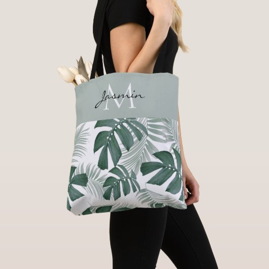 Tote Bag Monogramme feuille tropicale vert sauge moderne (De près)