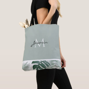 Tote Bag Monogramme feuille tropicale vert sauge moderne