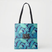 Tote Bag Monogramme Feuilles tropicaux bleu et vert sur noi (Devant)