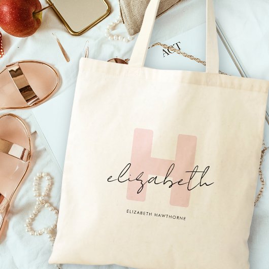 Tote Bag Monogramme fillette Calligraphie Coral Blush rose