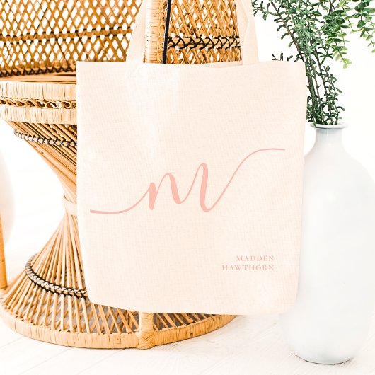 Tote Bag Monogramme fillette Calligraphie Coral Blush rose