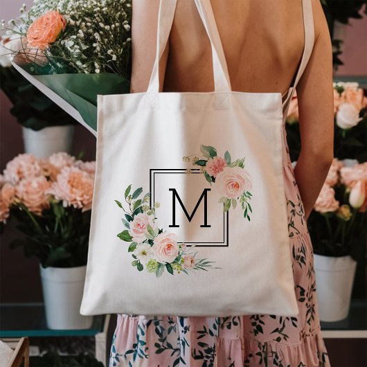 Tote Bag Monogramme Fleur Aquarelle Rose Pâle