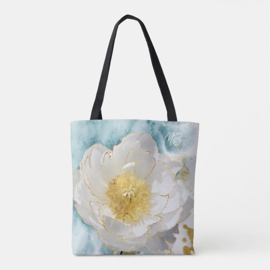 Tote Bag Monogramme Fleur Élégante Luxe Or Aquarelle (Dos)