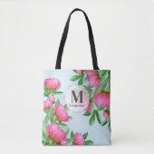 Tote Bag Monogramme Fleurs roses Peonies personnalisées (Devant)