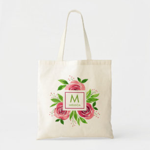 Tote Bag Monogramme Fleurs Roses Personnalisé