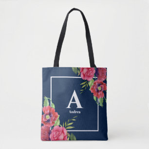 Tote Bag Monogramme Fleurs rouges et roses Bleu foncé Marin