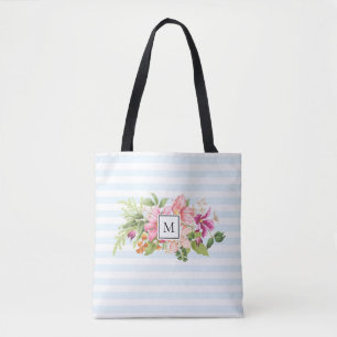 Tote Bag Monogramme Fleurs Vintages rose bleu pastel Fourre