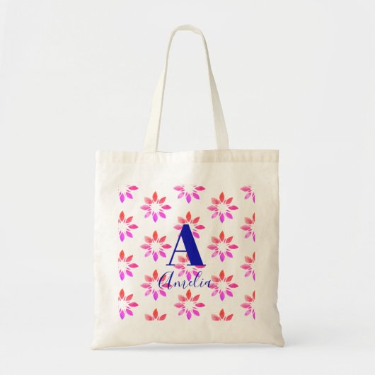 Tote Bag Monogramme Floral Aquarelle Rétro Motif rose chaud (Devant)