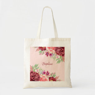 Tote Bag Monogramme floral bleu Bourgogne PInk Aquarelle