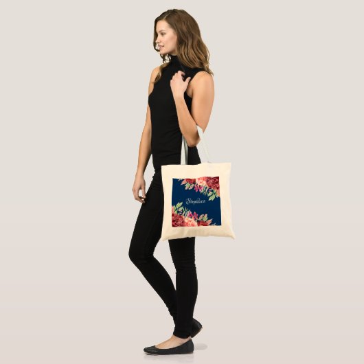 Tote Bag Monogramme floral bleu marine Bourgogne (Devant (modèle))