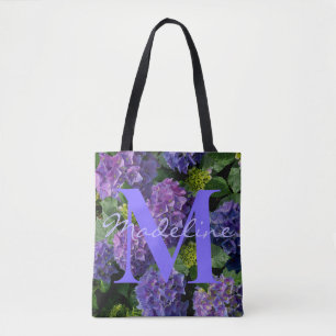 Tote Bag Monogramme floral bleu violet vert élégant