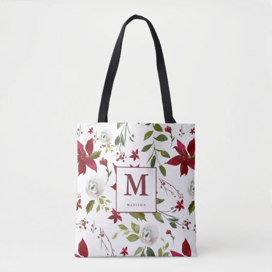 Tote Bag Monogramme floral Chic Poinsettia avec prénom (Devant)