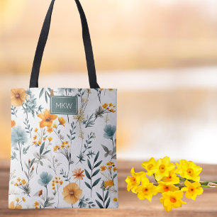 Tote Bag Monogramme floral de Gris, Sage et Or de Bohême