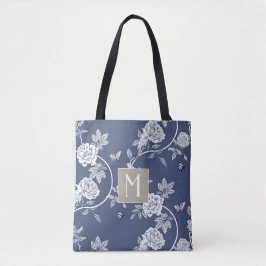 Tote Bag Monogramme floral de la Chinoiserie bleue (Devant)