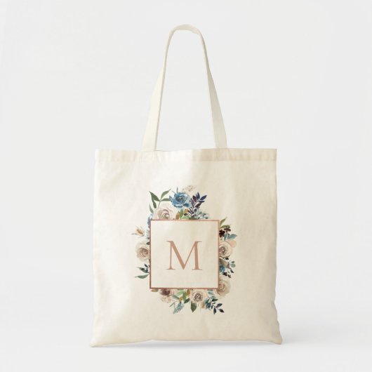 Tote Bag Monogramme floral de Taupe bleu poussiéreux (Devant)