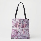 Tote Bag Monogramme floral des roses roses roses de Peony (Devant)