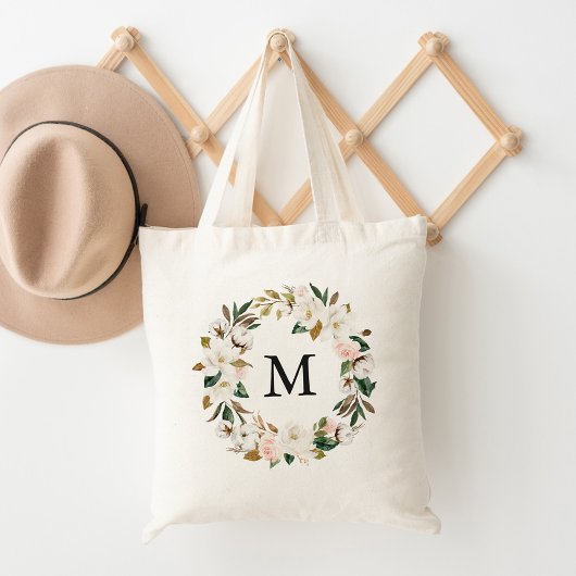 Tote Bag Monogramme Floral et Magnolias Blanches Élégant