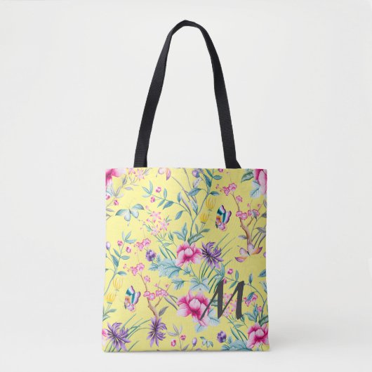 Tote Bag Monogramme floral et papillon jaune (Devant)