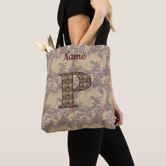 Tote Bag Monogramme floral initial P élégant personnalisé (De près)