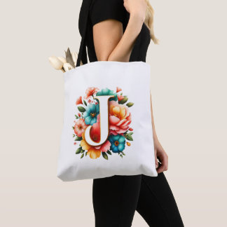 Tote Bag Monogramme floral J avec fleurs pastel