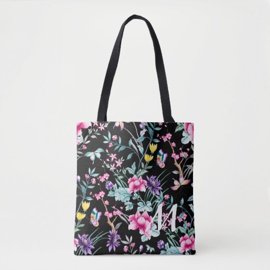 Tote Bag Monogramme floral noir et papillon (Devant)