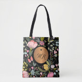 Tote Bag monogramme floral noir et rose pastel de luxe (Devant)