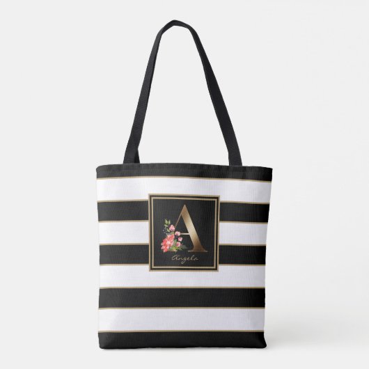 Tote Bag Monogramme floral or | Rayures noires et or (Dos)