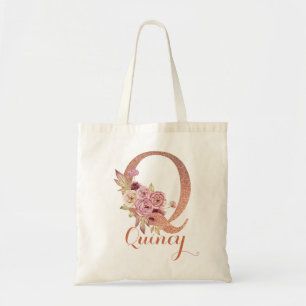 Tote Bag Monogramme floral pailleté rose blush Lettre Q