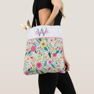Tote Bag Monogramme floral printanier rose jaune et sarcell