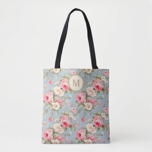 Tote Bag Monogramme floral rose chic Shabby (Devant)