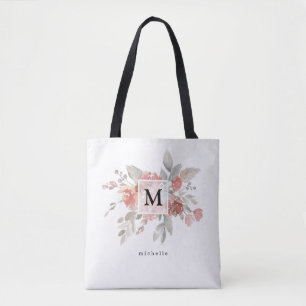 Tote Bag Monogramme Floral Rose Pâle Élégant