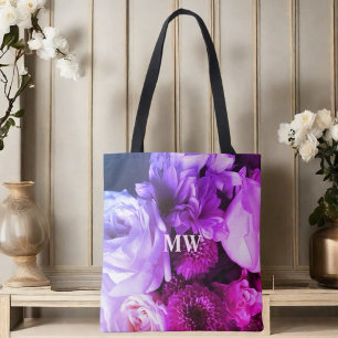 Tote Bag Monogramme floral rose pourpre bleu bouquet photo