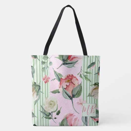 Tote Bag Monogramme Floral rose vert rayure Pastel (Devant)