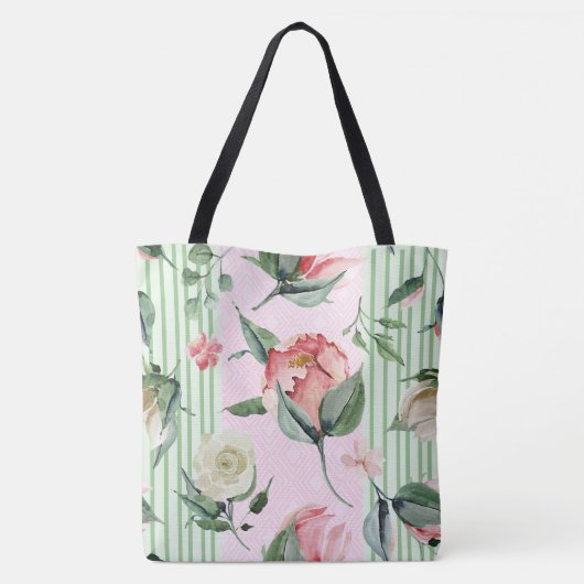 Tote Bag Monogramme Floral rose vert rayure Pastel (Dos)