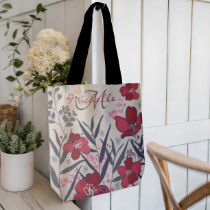 Tote Bag Monogramme Floral Rouge Moderne
