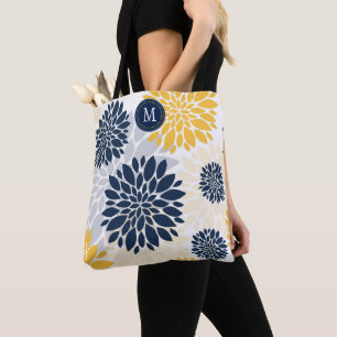 Tote Bag Monogramme floral surdimensionné en or bleu marine