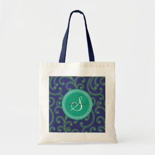 Tote Bag Monogramme floral vert-bleu girly élégant de motif
