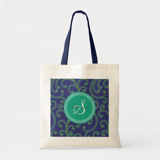 Tote Bag Monogramme floral vert-bleu girly élégant de motif (Devant)