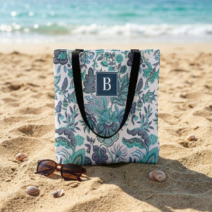 Tote Bag Monogramme Floral Vintage Bohème Bleu