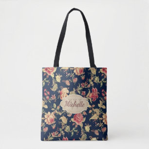 Tote Bag Monogramme floral vintage et nom de rose de bleu