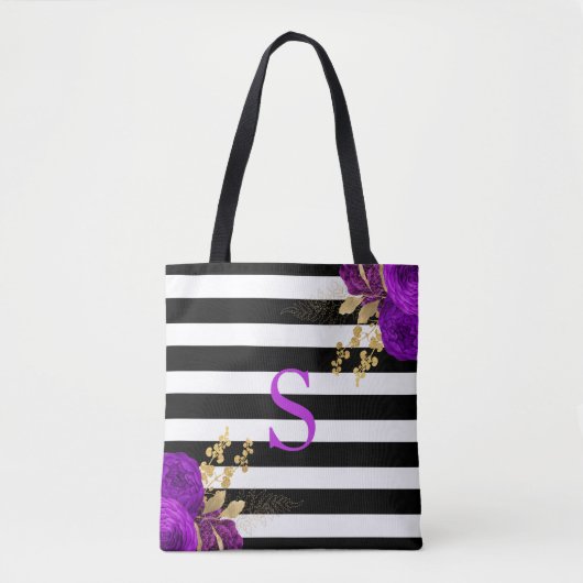 Tote Bag Monogramme floral violet or noir Blancs (Devant)