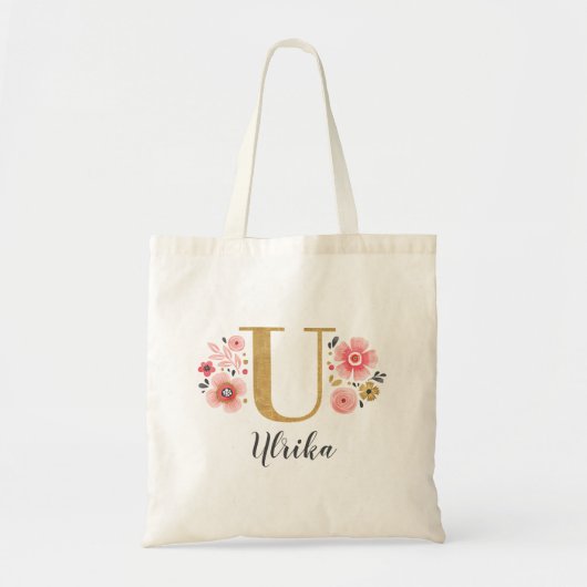 Tote Bag Monogramme florale or rose Lettre "U" (Devant)