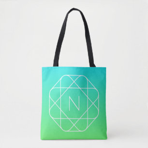 Tote Bag Monogramme géométrique cool Ombre Vert bleu et c
