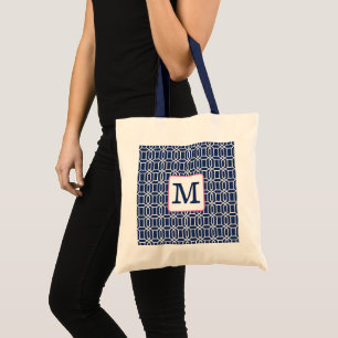 Tote Bag Monogramme géométrique octogone blanc de la marine