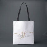 Tote Bag Monogramme Gold Noir tendance Nom initial du scrip<br><div class="desc">Emportez votre style partout où vous allez avec cet élégant sac fourre-tout monogramme. Conçu avec des initiales or gracieuses jumelées à un nom serif raffiné, il allie sophistication moderne et fonction quotidienne. Parfait pour les déplacements, les voyages d'affaires ou pour garder les objets de première nécessité organisés au travail, ce...</div>