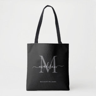 Tote Bag Monogramme gris argenté noir Nom initial du script